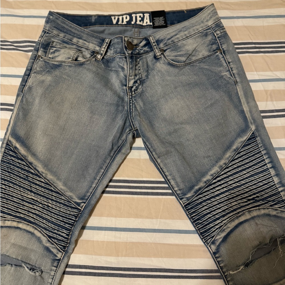 VIP Unisex Biker Ripped Jeans - Picture 3 of 10